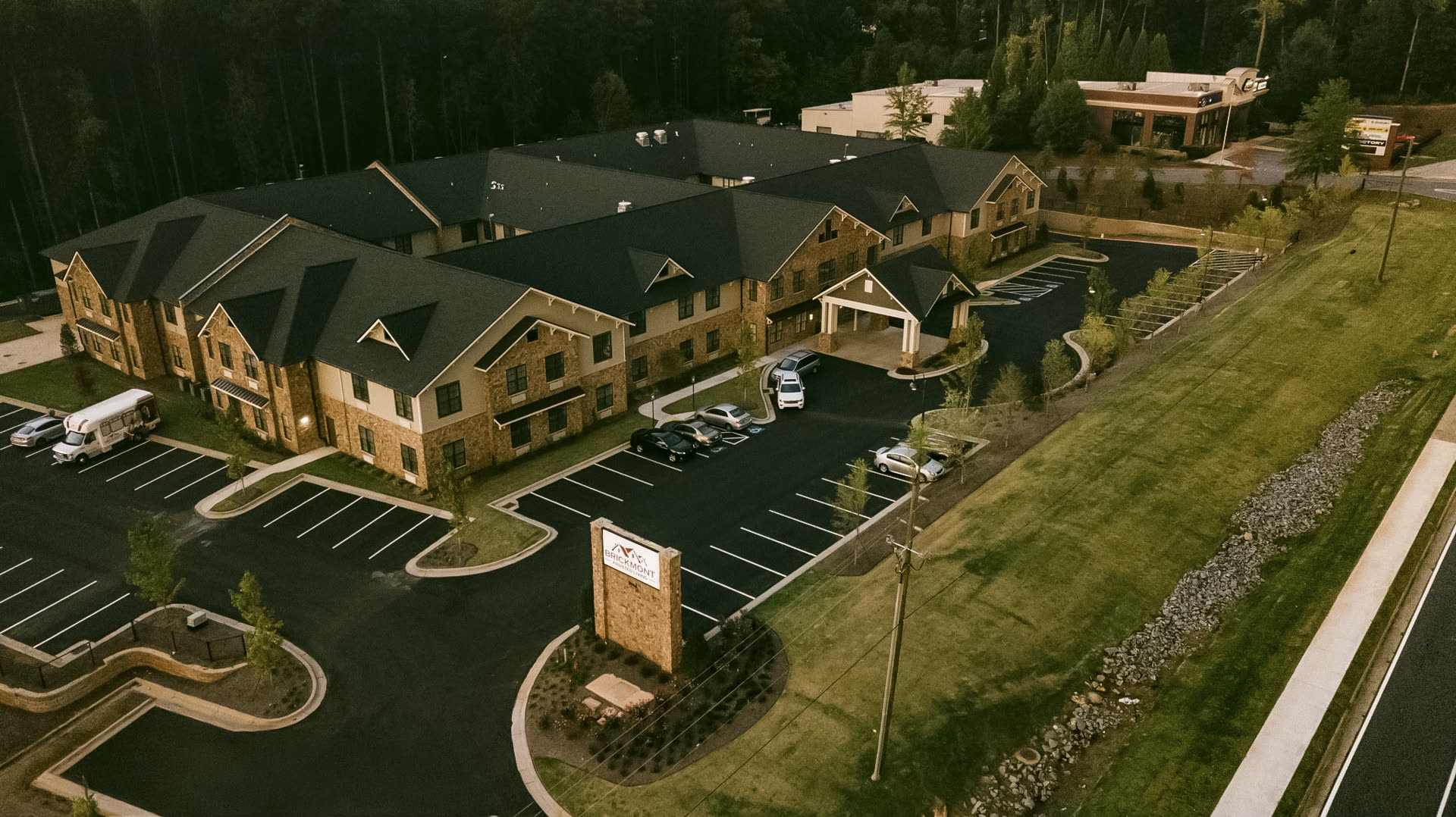 Dusk aerial of Brickmont at Acworth in Acworth, GA