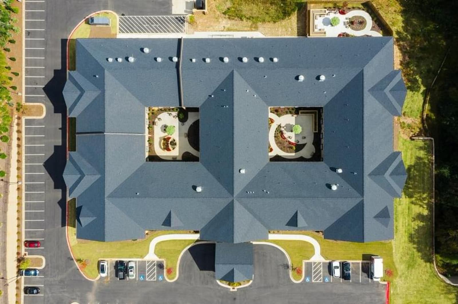 Overhead aerial of Brickmont of Johns Creek showing its two interior courtyards