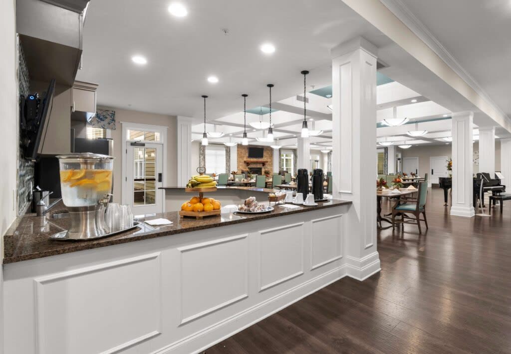Dining room and serving bar at Vitality Living Milton in Milton, GA